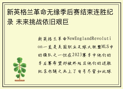 新英格兰革命无缘季后赛结束连胜纪录 未来挑战依旧艰巨