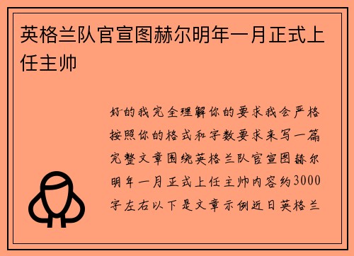 英格兰队官宣图赫尔明年一月正式上任主帅 英格兰队官宣图赫尔明年一月正式上任主帅